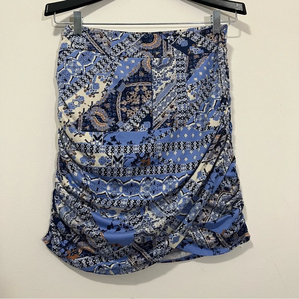 Free People Shes Something Else Mini Skirt True Blue Combo Sz M Ruched Layers